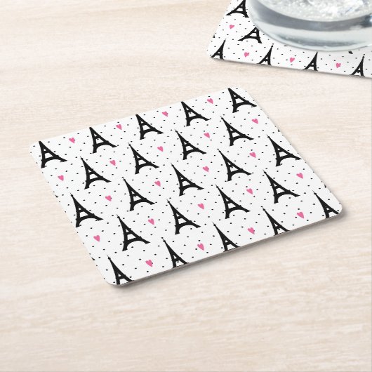 エッフェルタワー水玉模様&ハートパターン スクエアペーパーコースター (アングル)