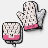 エッフェルタワー水玉模様&ハートパターン 鍋つかみ&鍋敷きセット (正面/裏面)