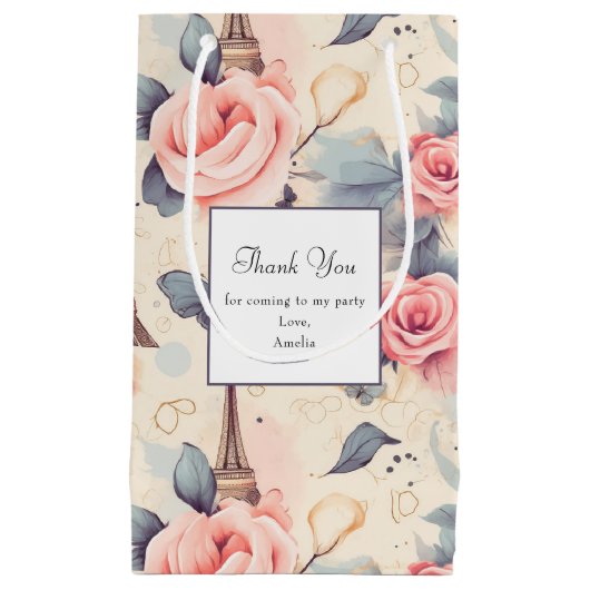 エッフェルタワー蝶とバラパターンありがとう スモールペーパーバッグ (正面)