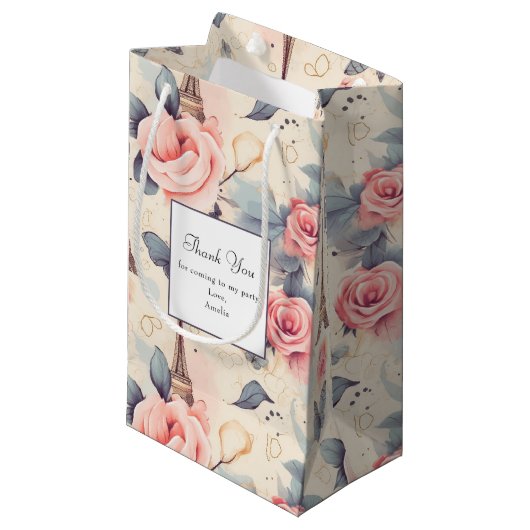 エッフェルタワー蝶とバラパターンありがとう スモールペーパーバッグ (正面アングル)