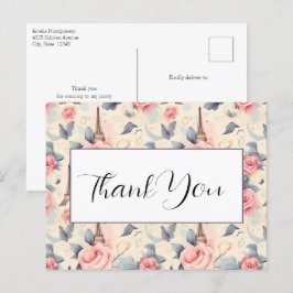 エッフェルタワー蝶とバラパターンありがとう ポストカード