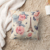 エッフェルタワー蝶とバラパターン クッション (ブランケット)