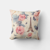 エッフェルタワー蝶とバラパターン クッション (正面)