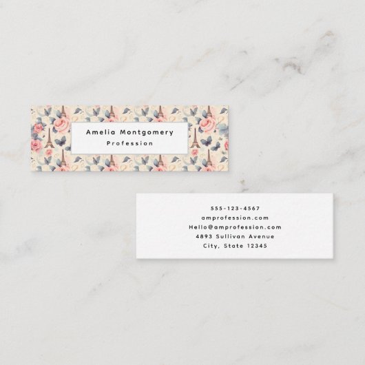 エッフェルタワー蝶とバラパターン スキニー名刺 (正面/裏面)