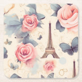 エッフェルタワー蝶とバラパターン スクエアペーパーコースター (正面)