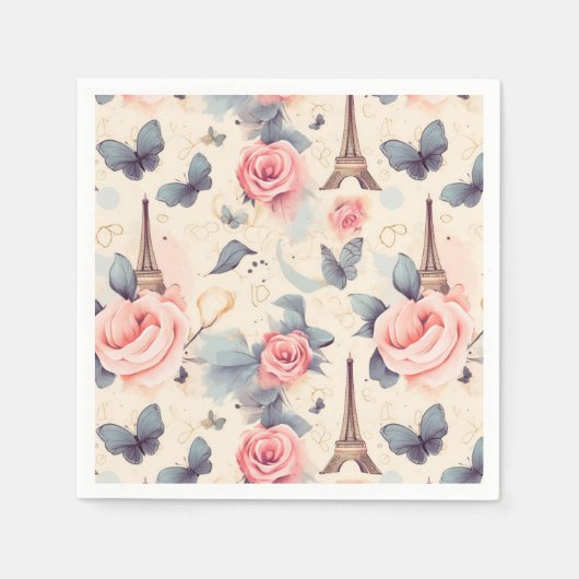エッフェルタワー蝶とバラパターン スタンダードカクテルナプキン (正面)
