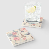 エッフェルタワー蝶とバラパターン ストーンコースター (横)