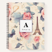 エッフェルタワー蝶とバラパターン ノートブック (正面)