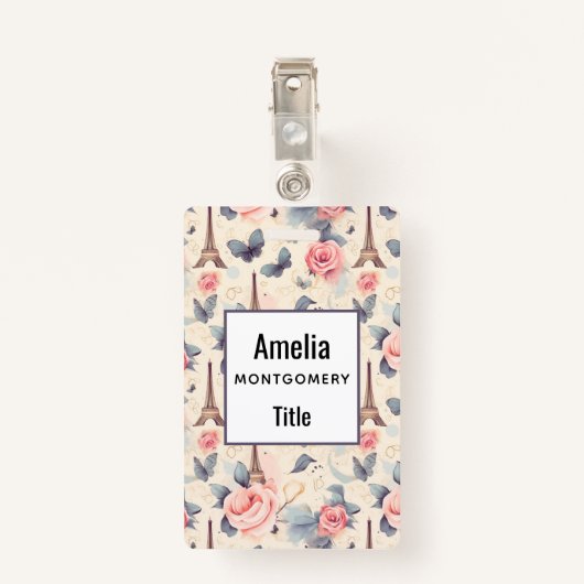 エッフェルタワー蝶とバラパターン バッジ (裏面クリップ)