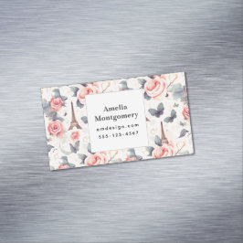 エッフェルタワー蝶とバラパターン マグネット名刺