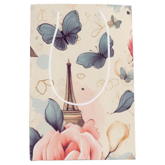 エッフェルタワー蝶とバラパターン ミディアムペーパーバッグ (正面)