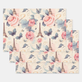 エッフェルタワー蝶とバラパターン ラッピングペーパーシート