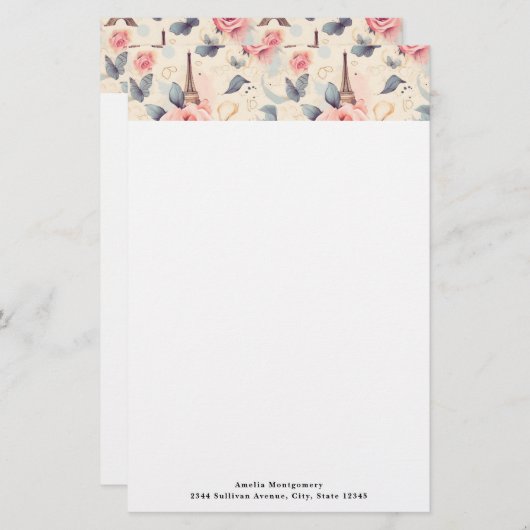 エッフェルタワー蝶とバラパターン 便箋 (正面/裏面)