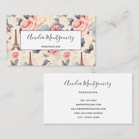 エッフェルタワー蝶とバラパターン 名刺 (正面/裏面)