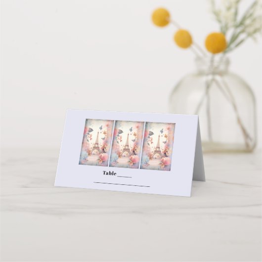 エッフェルタワー蝶と花のテーブル プレイスカード (正面)