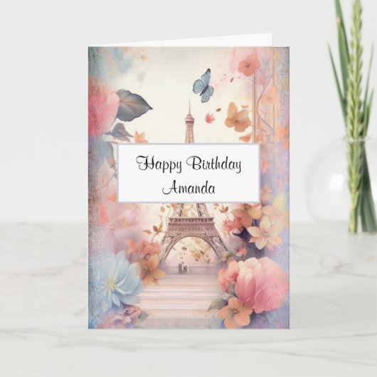 エッフェルタワー蝶と花誕生日 カード (正面)
