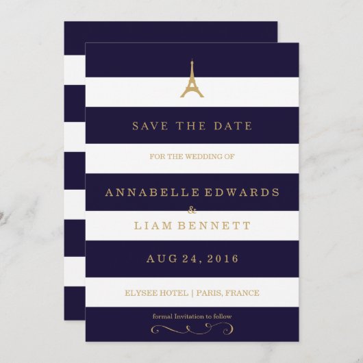 エッフェルタワー金ゴールドストライプと日付カードの保存 セーブザデート (正面/裏面)