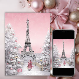 エッフェルタワー,サンタ,パリシックなピンクのクリスマス シーズンカード