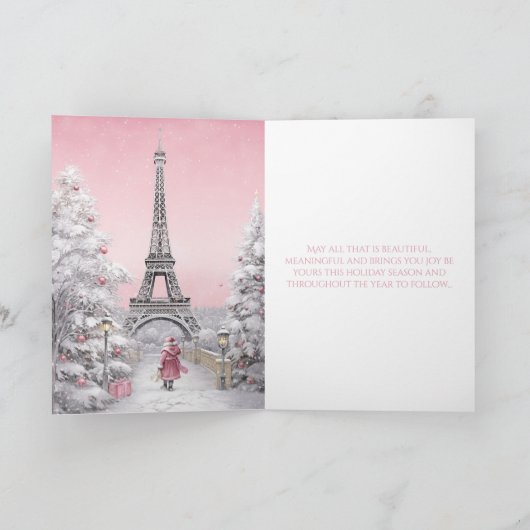 エッフェルタワー,サンタ,パリシックなピンクのクリスマス シーズンカード (内部)