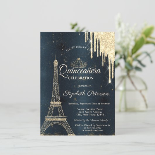 エッフェルタワー、ティアラ、ドリップスダークブルーキンセアニラ 招待状 (スタンド正面)