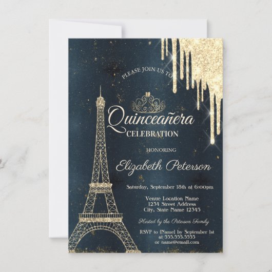 エッフェルタワー、ティアラ、ドリップスダークブルーキンセアニラ 招待状 (正面)