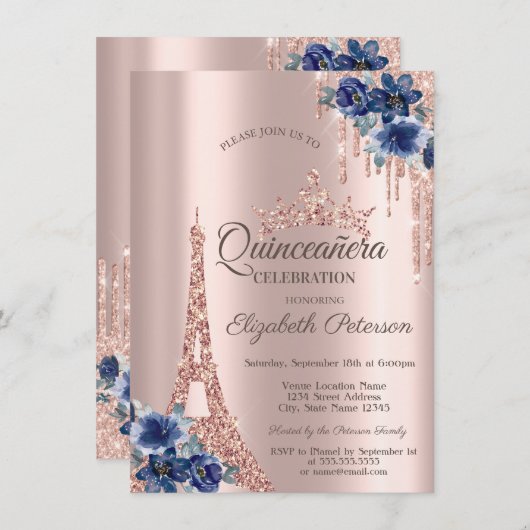 エッフェルタワー、ドリップスブルーフラワーズキンセアニラ 招待状 (正面/裏面)
