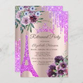 エッフェルタワー、ドリップス、バイオレット花の定年 招待状 (正面/裏面)