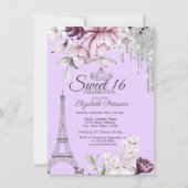 エッフェルタワー、ドリップス、薄紫フラワースウィート16 招待状 (正面)