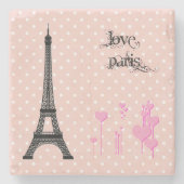 エッフェルタワー、ハート、水玉模様-黒ピンク ストーンコースター (正面)
