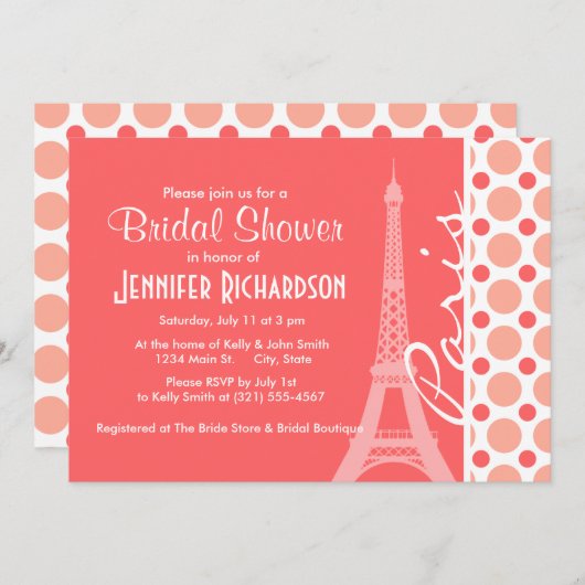 エッフェルタワー、パリ、ピンク&コーラル水玉模様 招待状 (正面/裏面)