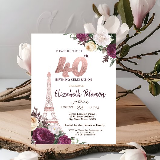 エッフェルタワーBurgundy花40歳の誕生日 招待状