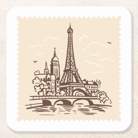 エッフェルタワーinパリ切手ランドマーク スクエアペーパーコースター (正面)
