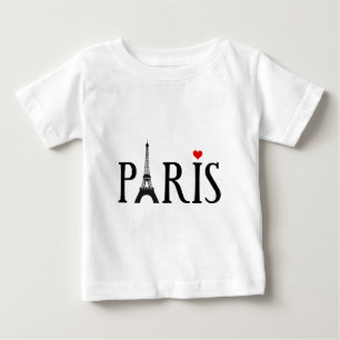エッフェル塔および赤いハートが付いているパリ ベビーTシャツ