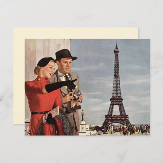 エッフェル塔でのヴィンテージ観光客、パリのバケーション 招待状 (正面/裏面)