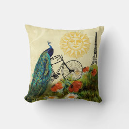 エッフェル塔とのヴィンテージの孔雀の芸術 クッション