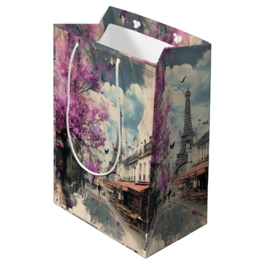 エッフェル塔とPArisのロマンチックなイメージ ミディアムペーパーバッグ (裏面アングル)