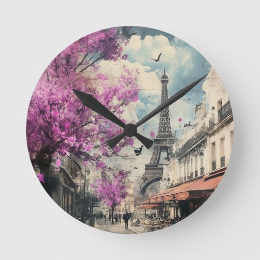 エッフェル塔とPArisのロマンチックなイメージ ラウンド壁時計 (正面)