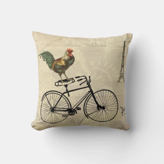 エッフェル塔によってバイクに乗っているヴィンテージのオンドリ クッション (正面)