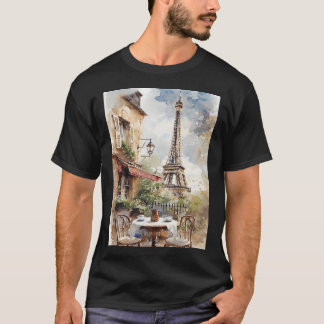 エッフェル塔のある魅力的なパリのカフェの水彩画 Tシャツ