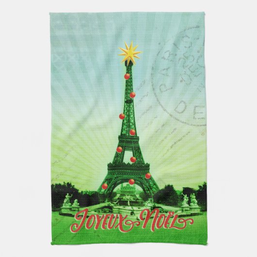 エッフェル塔のクリスマスコラージュ キッチンタオル (縦)