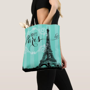 エッフェル塔のパリのモノグラムのSeafoamの緑のストライプ トートバッグ