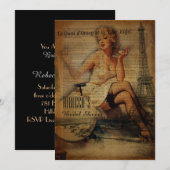 エッフェル塔のパリの女の子のレトロのブライダルシャワー 招待状 (正面/裏面)