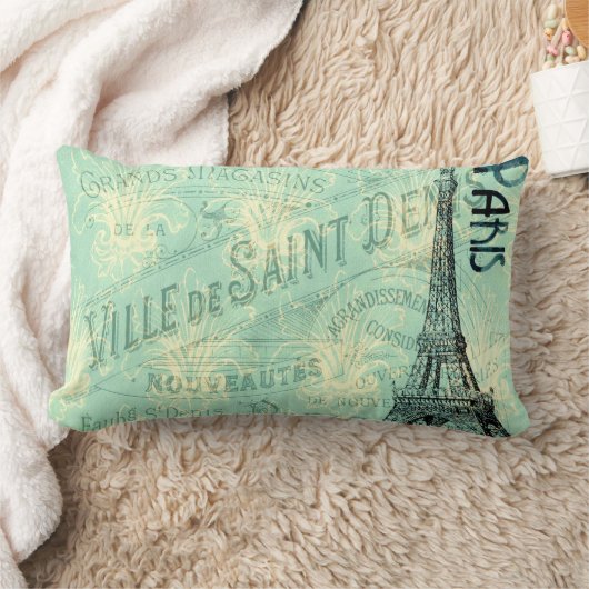 エッフェル塔のパリ青の郵便はがきのヴィンテージの枕 ランバークッション (ブランケット)