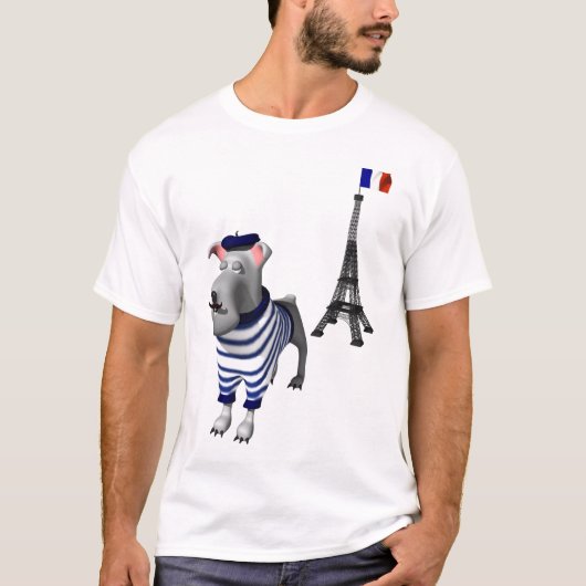 エッフェル塔の前のベレー帽の犬 Tシャツ (正面)