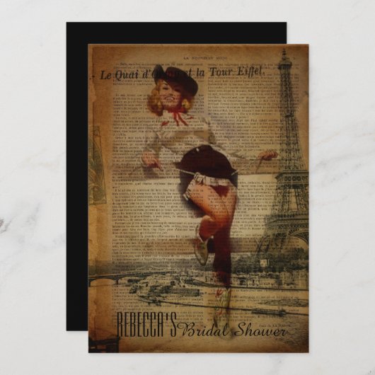 エッフェル塔の女性のカーボーイの国のブライダルシャワー 招待状 (正面/裏面)