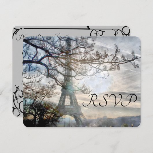 エッフェル塔の春の日の出の水彩画 出欠カード (正面/裏面)