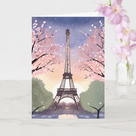 エッフェル塔の花咲くパリ フランス 水彩画 カード (蘭)