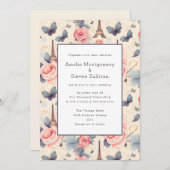 エッフェル塔の蝶とバラの模様のウェディング 招待状 (正面/裏面)