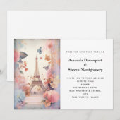 エッフェル塔の蝶と花のウェディング 招待状 (正面/裏面)