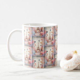 エッフェル塔の蝶と花の模様 コーヒーマグカップ